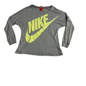 Nike Women's Gray Long Sleeve Nike Logo Lime Green Spell Out T-Shirt Size Large